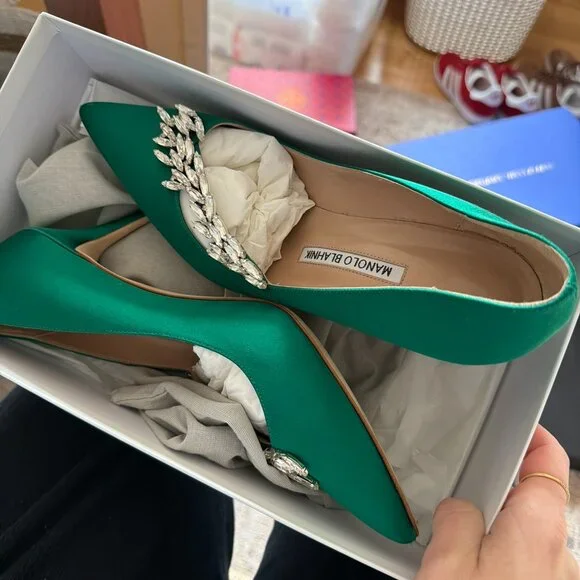 Nadira Green Satin Jewel Buckle Pumps - Picture 3 of 9